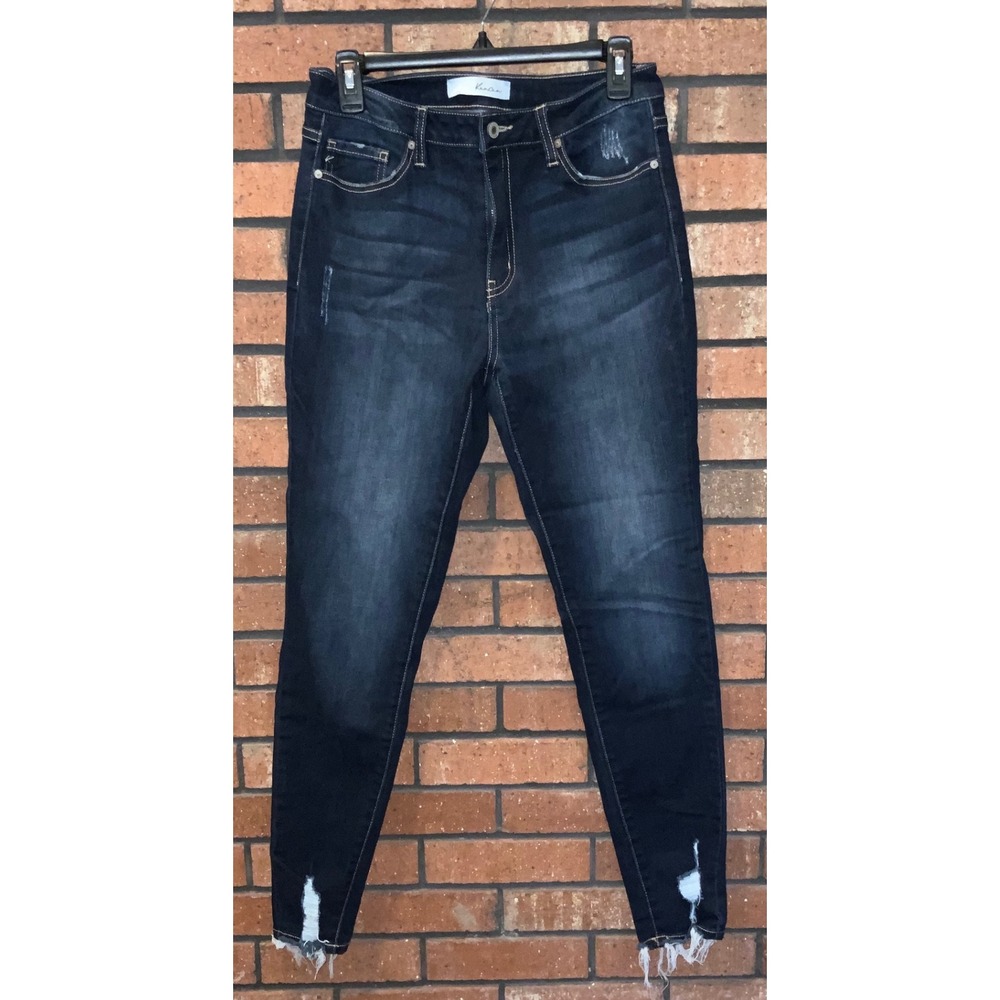 KanCan Womens High Rise Distressed Skinny Jeans Dark Wash Raw Hem Size 11/29